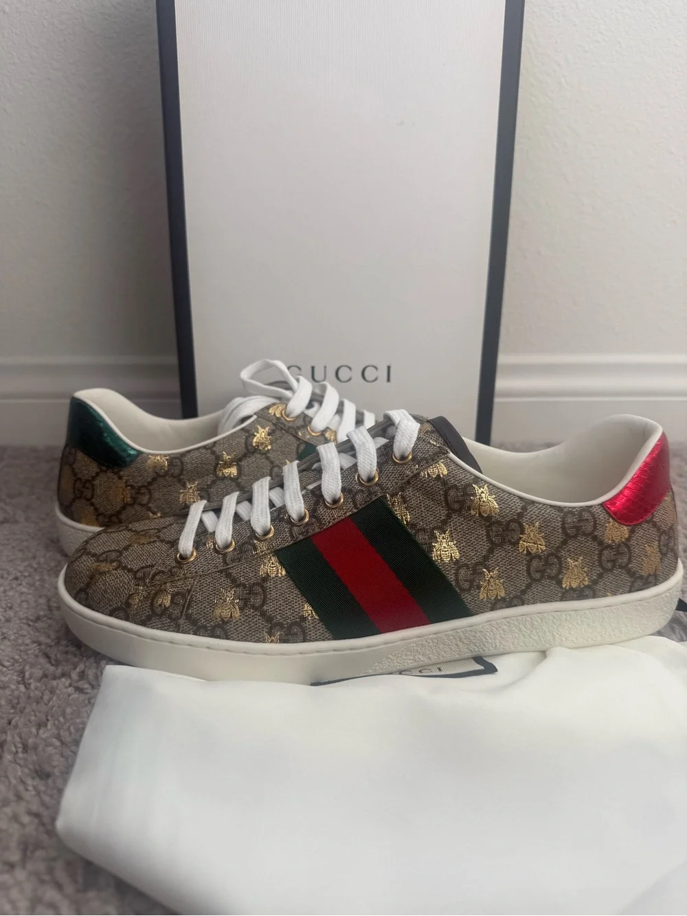 Gucci Men’s GG Supreme Sneaker with Red and Green Web and Gold Bee Motif